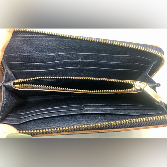 Tory Burch Marion Raffia Straw Tote Blue Black Stripes Leather Trimmed + Wallet - Picture 16 of 16